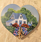 New ListingVtg 3 Peg Wooden Heart Wall Hanging Hand Painted With Cottage Bird Houses Signed