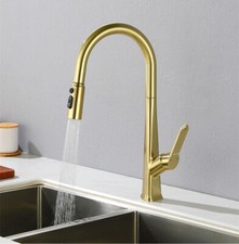 Brushed Gold Kitchen Sink Faucet Single Handle Pull Out Sprayer Swivel Mixer Tap