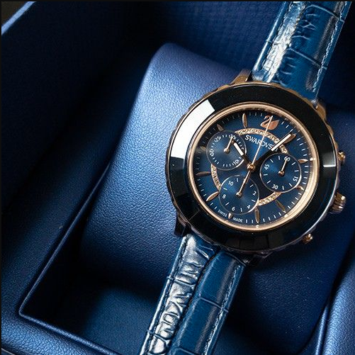 Swarovski Octea Lux Chrono watch, Leather strap, Blue, Rose Swarovski Octea Lux Chrono watch, Leather strap, Blue, Rose