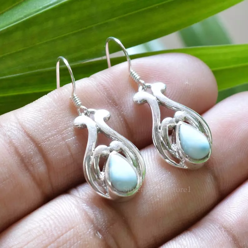 Natural Larimar Earrings 925 Sterling Silver Larimar Pear Gemstone Earring