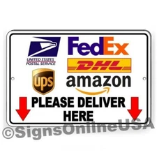 Please Deliver All Packages Here Arrows Down Metal Sign Delivery Instructions