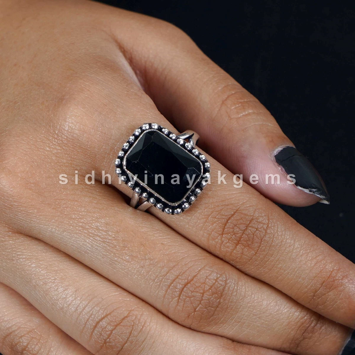 Natural Black Onyx Gemstone 925 Sterling Silver Ring Gift For Her Jewelry P53
