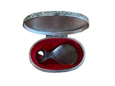 Tea Caddy Spoon Metal With Hand Engraving And Gem Stone With Metal Case.