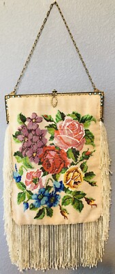 アンティーク  Antique Micro Beaded Purse Bag Floral Motif and Glass Bead Fringe