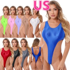 Women's Glossy One-piece Tank Bodysuit High Cut Thong Leotard Bikini Swimwear