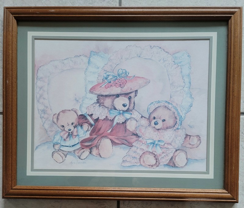 Wooden Framed Matted Teddy Bear Watercolor Signed By Ava Freeman Large 22" x 18"