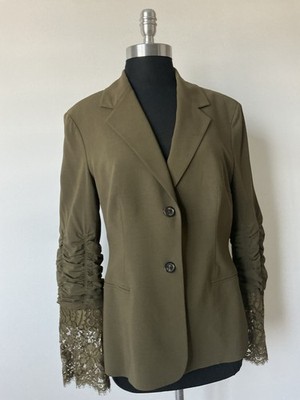CELINE Green Blazer Jacket with Shirred Sleeve Lace Embroidered Detail 42 US8