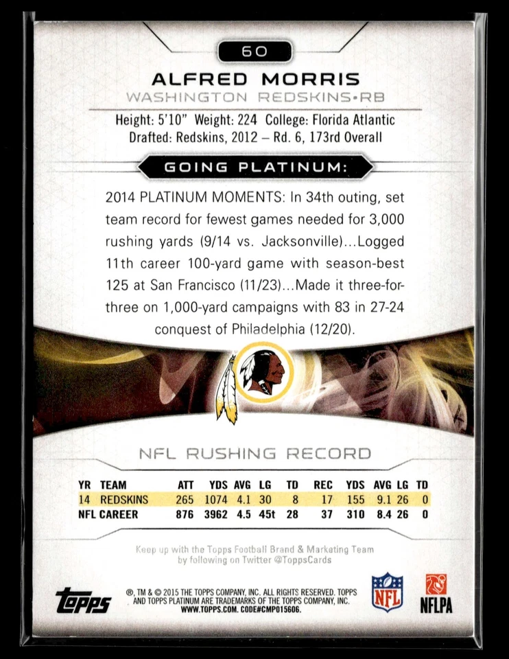 2015 Topps Platinum - Gold - #60 Alfred Morris - Washington Redskins - Image 2 of 2