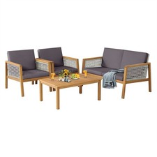 4-Piece Garden Wicker Patio Furniture Set Outdoor Acacia Wood Conversation Set