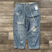 NWT FREE PEOPLE MIXED UP UTILITY JEANS BLUE PAINT DISTRESSED PANTS M BAGGY 43 