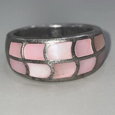 Pink Mother Of Pearl Inlay Domed Sterling Silver Ring Size 6.5 5.93g 