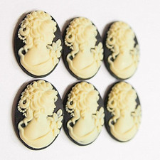8 Vintage Cream over Black 25x18mm Goddess Woman w/Floral Resin Cameos Cabochons