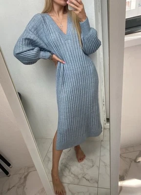 ❤️H&M NEUWERTIG Strickkleid Blau Rippstrick Ballonärmel Midi Maxi S Schlitz - Bild 1 von 4