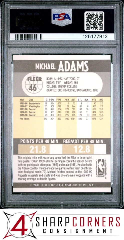 1990 FLEER #46 MICHAEL ADAMS NUGGETS PSA 10 - Image 2 of 3