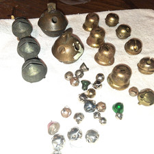 ANTIQUE SLEIGH CROTAL BELLS 3 on LEATHER & BRASS LOT PROJECTS X 37 HEAVY & LIGHT