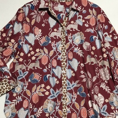 Chicos Floral Cheetah Button Up Tunic Blouse Size 4 / XL 20 Maroon Long Sleeve
