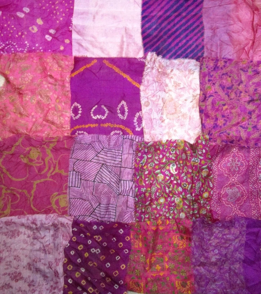 LOT PURE SILK Vintage Sari Fabrics REMNANT 16 pcs 8" SQUARES Pink Magenta CRAFT - Image 2 of 4