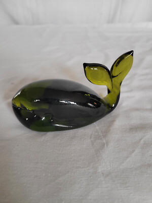 Viking glass MCM green whale paperweight 3'' tall & 4.5'' L