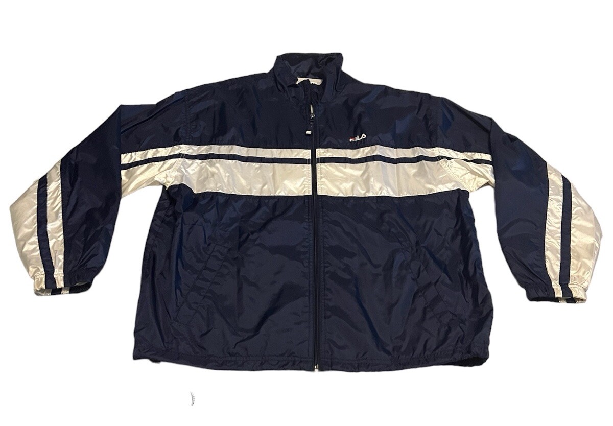Giacca vintage anni '90 Fila da uomo grande classica cerniera completa nylon frangivento navy