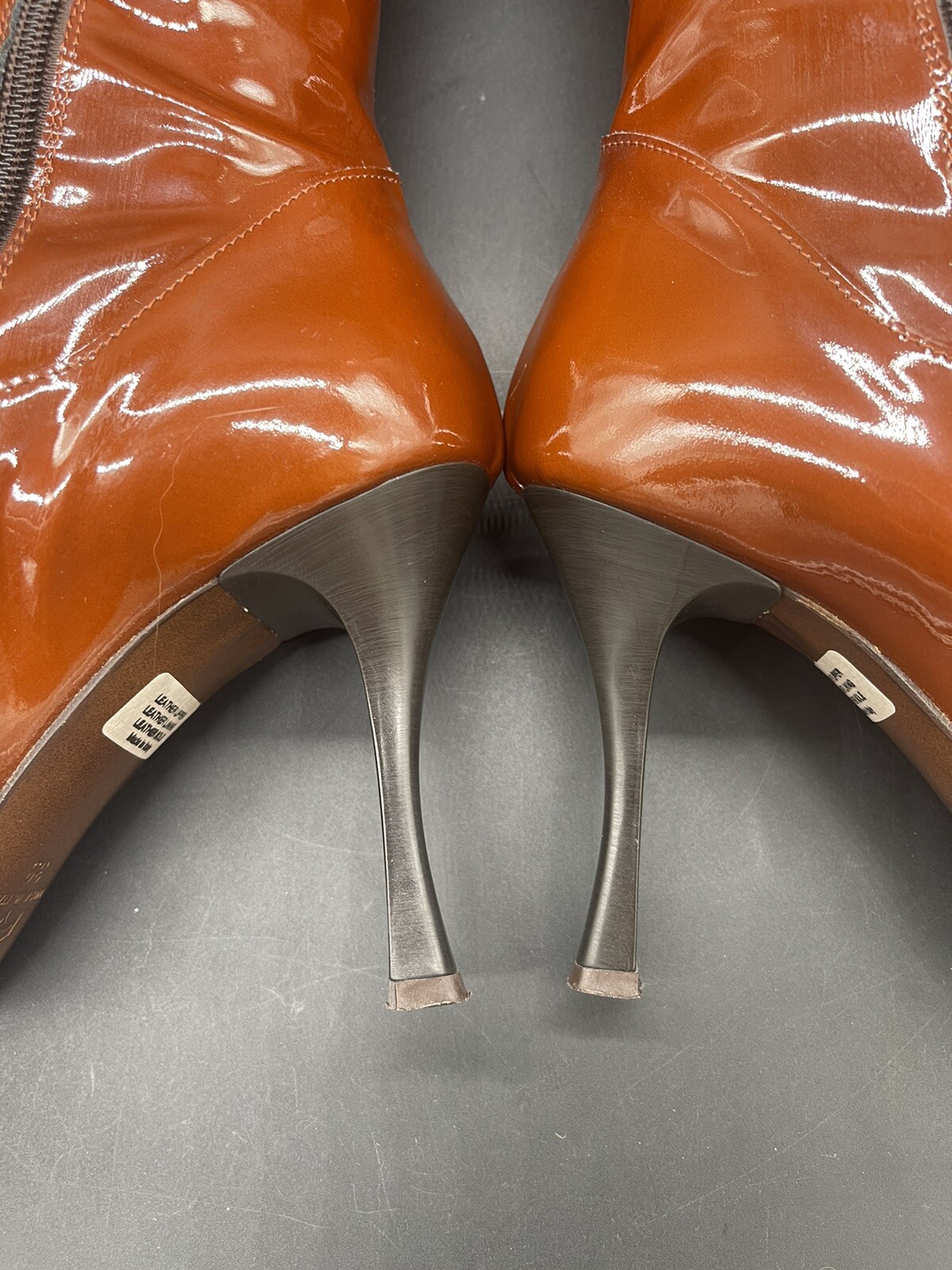 $995 Giancarlo Paoli Henna Brown Patent Leather Boots With Green Fur Sz 39 Tall