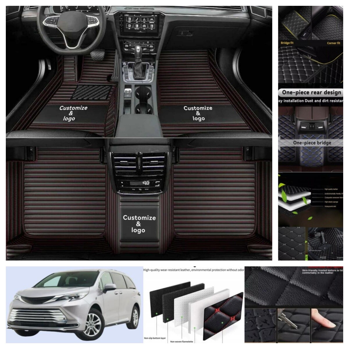 Custom Fit Floor Mats for Toyota Sienna 2011-2019 7 Seats| Premium Anti Slip Leather Auto Mat Set,All Weather Full Coverage,Heavy Duty,Stain Resistant,Vehicle Specific Liners(Red Beige