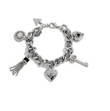 GUESS SILVER+BLACK TONE WOVEN LINK CHAIN,CRYSTAL,KEY,HEART,TASSEL CHARM BRACELET