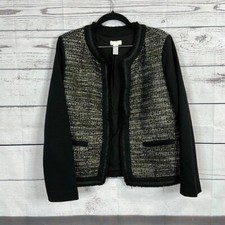 Chicos Blazer Jacket Medium Black Purple Tweed Fringe Metallic Open Textured