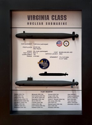 Virginia Class Submarine Shadow Display Box, SSN-774, 6'' x 8'', Black