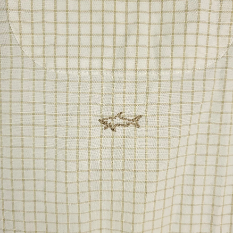 Camisa masculina Paul & Shark tamanho 17 bege xadrez amarela botão manga longa - Imagem 2 de 4
