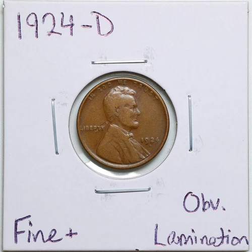 1924-D 1C Lincoln Wheat Cent in Fine+ Condition Obverse Lamination #3815