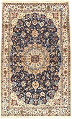 Hand Knotted Wool Silk NAVY/IVORY Fine Oriental Rug 6 0  X 3 6 