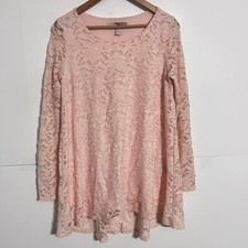 Forever 21 Womens Lace Dress Top Size M Pink Nylon Blend Long Sleeve Scoop Neck