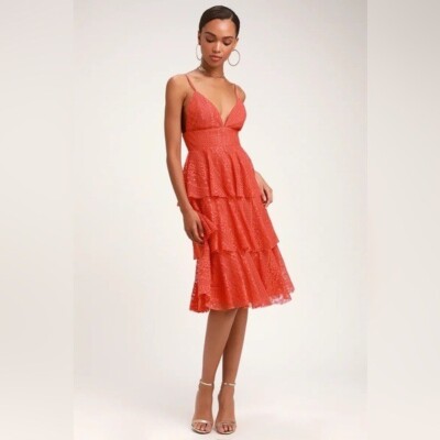 Lulus Endless Romance Coral Orange Lace Ruffled Midi Dress Size XS Romantic  | eBay