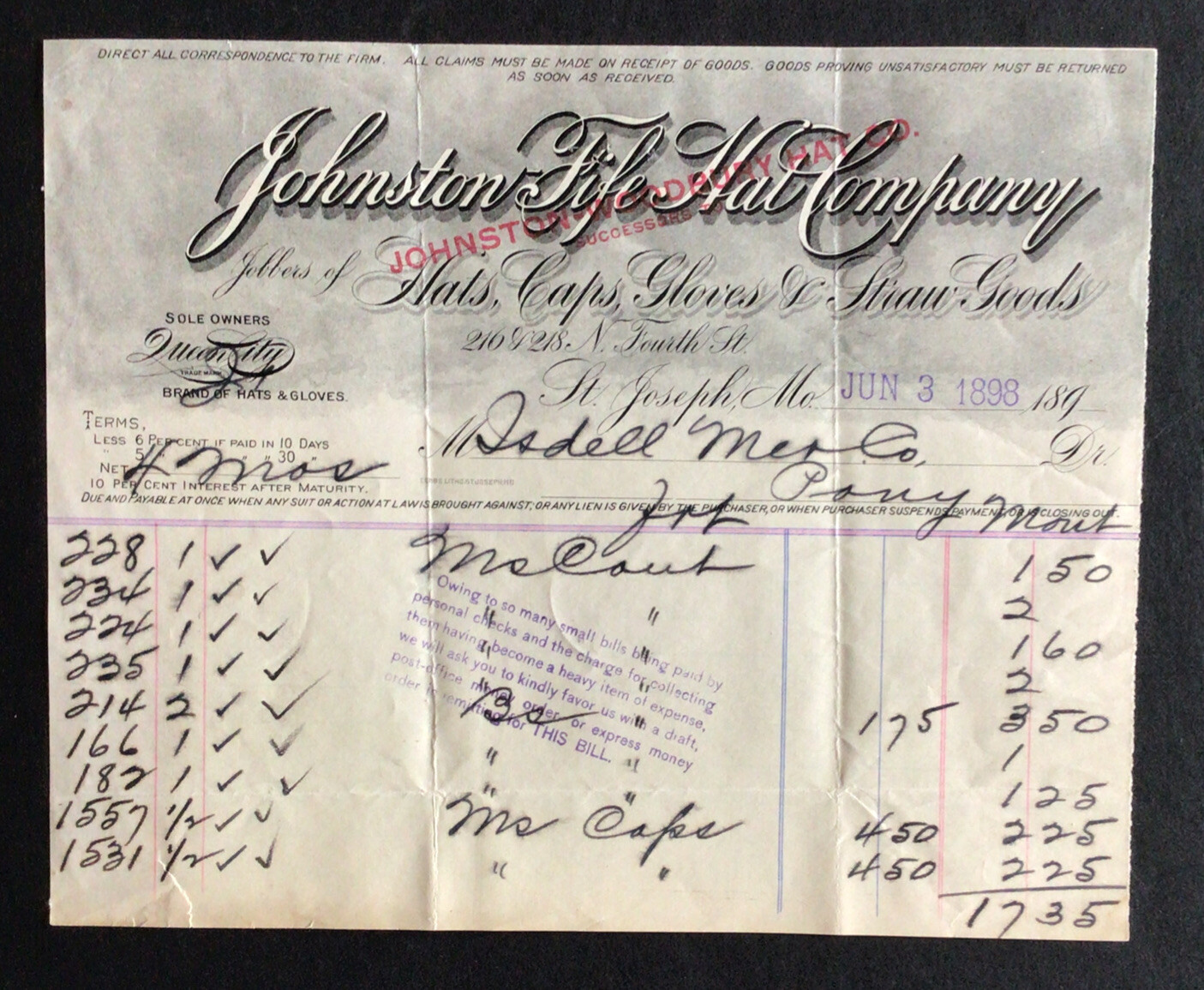 1898 Billhead Johnston Fife Hat Co Isdell Merchantile Pony Montana St Jo Mo #b6