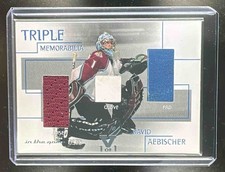 2003-04 In The Game David Aebischer Triple MEM Jersey, Glove, Pad, Vault 1/1 SP
