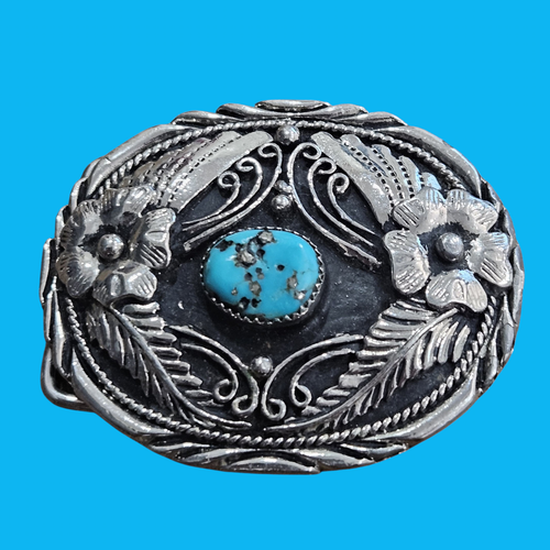 Vintage SSI Handcrafted USA Belt Buckle Silver Tone Turquoise Flower Leaf Design - Picture 1 of 5