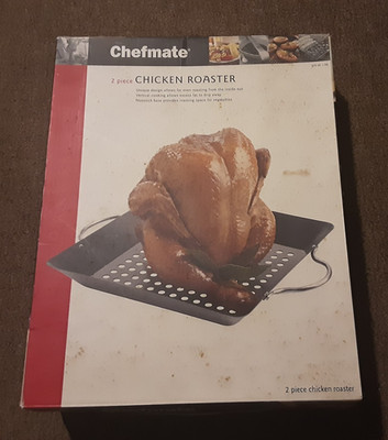 Chefmate 2 Piece Chicken Roaster Non-Stick Oven Safe Steel (Shows storage wear!)