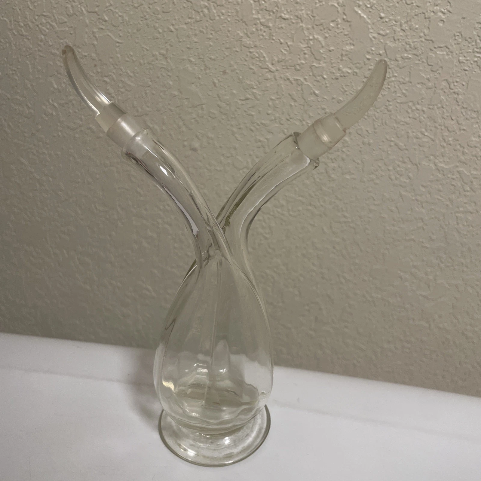 Vintage Double Neck Oil & Vinegar Clear Glass Cruet Set Made in France Stoppers