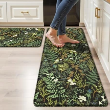 Black Green Botanical Kitchen Rugs Set of 2 Plant Leaf Anti-Fatigue Kitchen M...