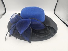 AUGUST HAT Co Blue Black Wide Brim Large Bow Satin Accent Hat Church Wedding