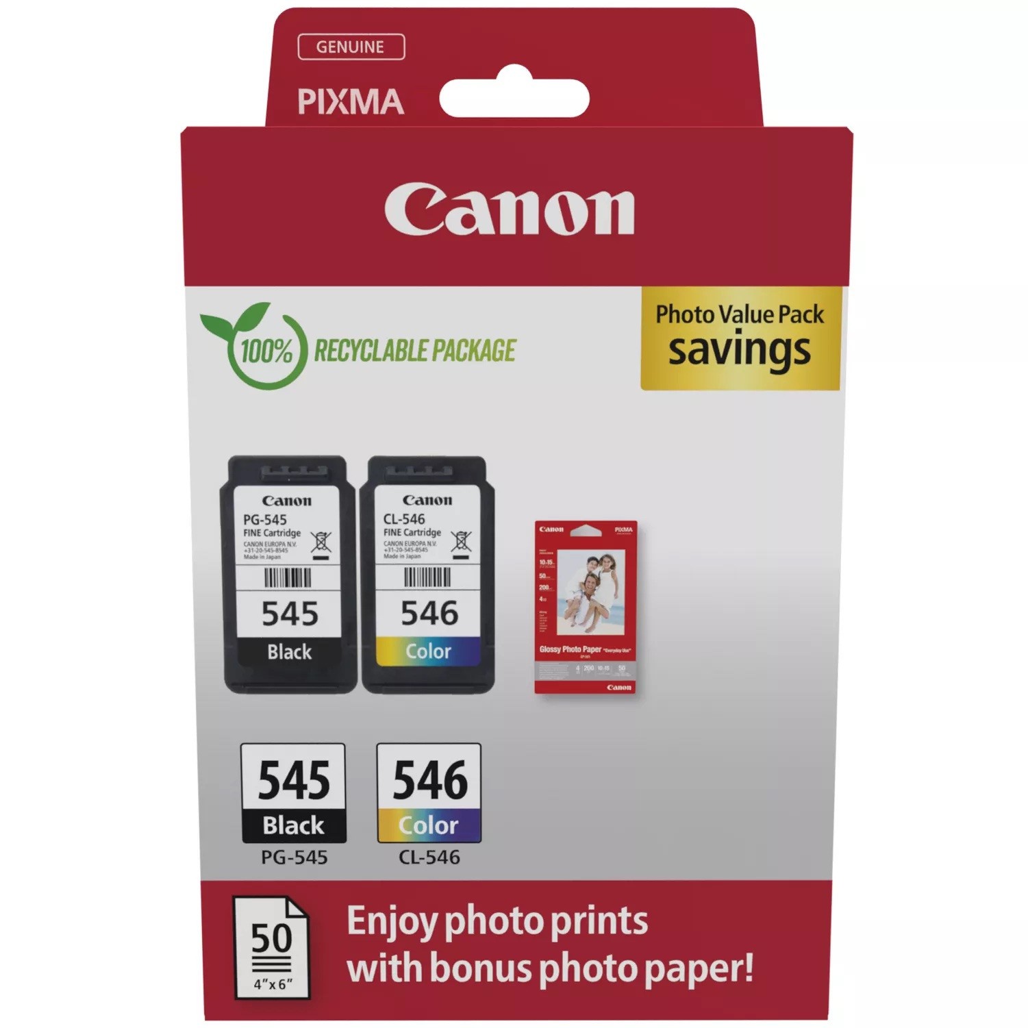 Canon PG-545 / CL-546 Genuine Ink Cartridges, Pack of 2 for Pixma IP2850 MG2450