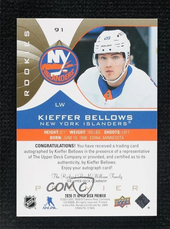 2020 Upper Deck Premier Rookies Gold Spectrum /35 Kieffer Bellows Rookie Auto RC - Image 2 of 2