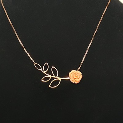 Vintage Gold Tone Branch Necklace w/ Carved Coral Rose Flower Pendant Delicate