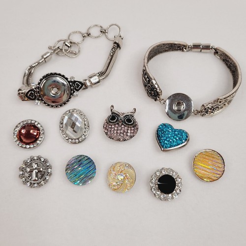Set of 2 Silver Tone Snap Bracelets with 9 Interchangeable Snap Button Charms