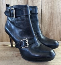 Platform Heeled Leather Ankle Boots Booties Buckles Sz. 7.5