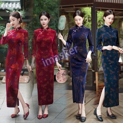 Women Autumn Winter Velvet Qipao Dress Chinese Long Cheongsam Evening Party Gown