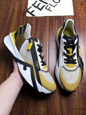 Fendi Flow FF Motif White Black Yellow Mens Runner Zip Sneakers