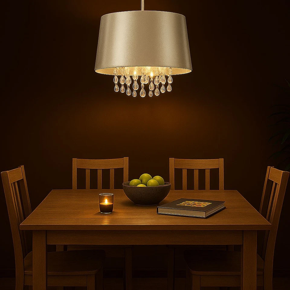 Design Lampada Sospensione Arte Seta Argento Cristallo Gocce da Soffitto Sala - Immagine 3 di 4