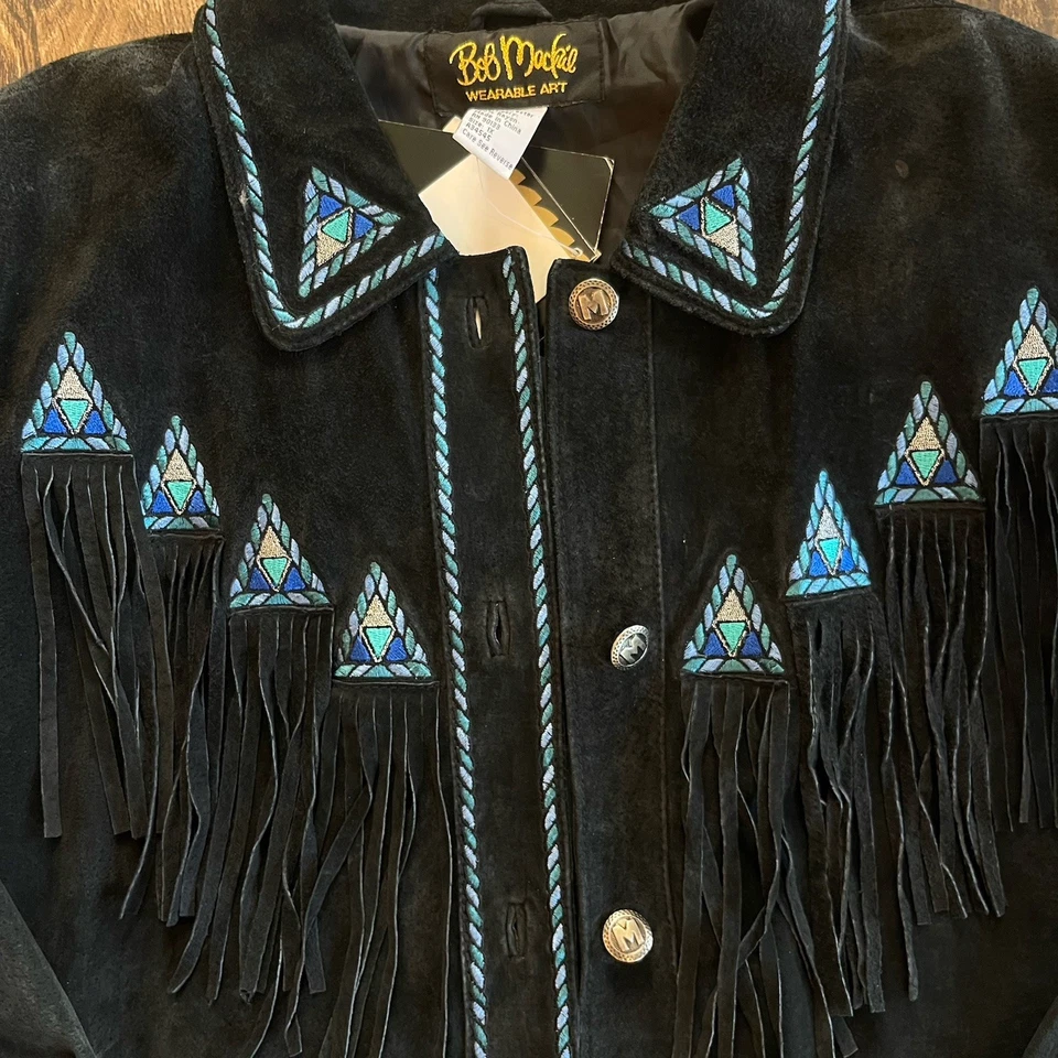 NUEVO CON ETIQUETAS RARO Chaqueta de Campo Bob Mackie Usable Arte Cuero Negro Flecos Occidentales 1X Foto 2 de 4