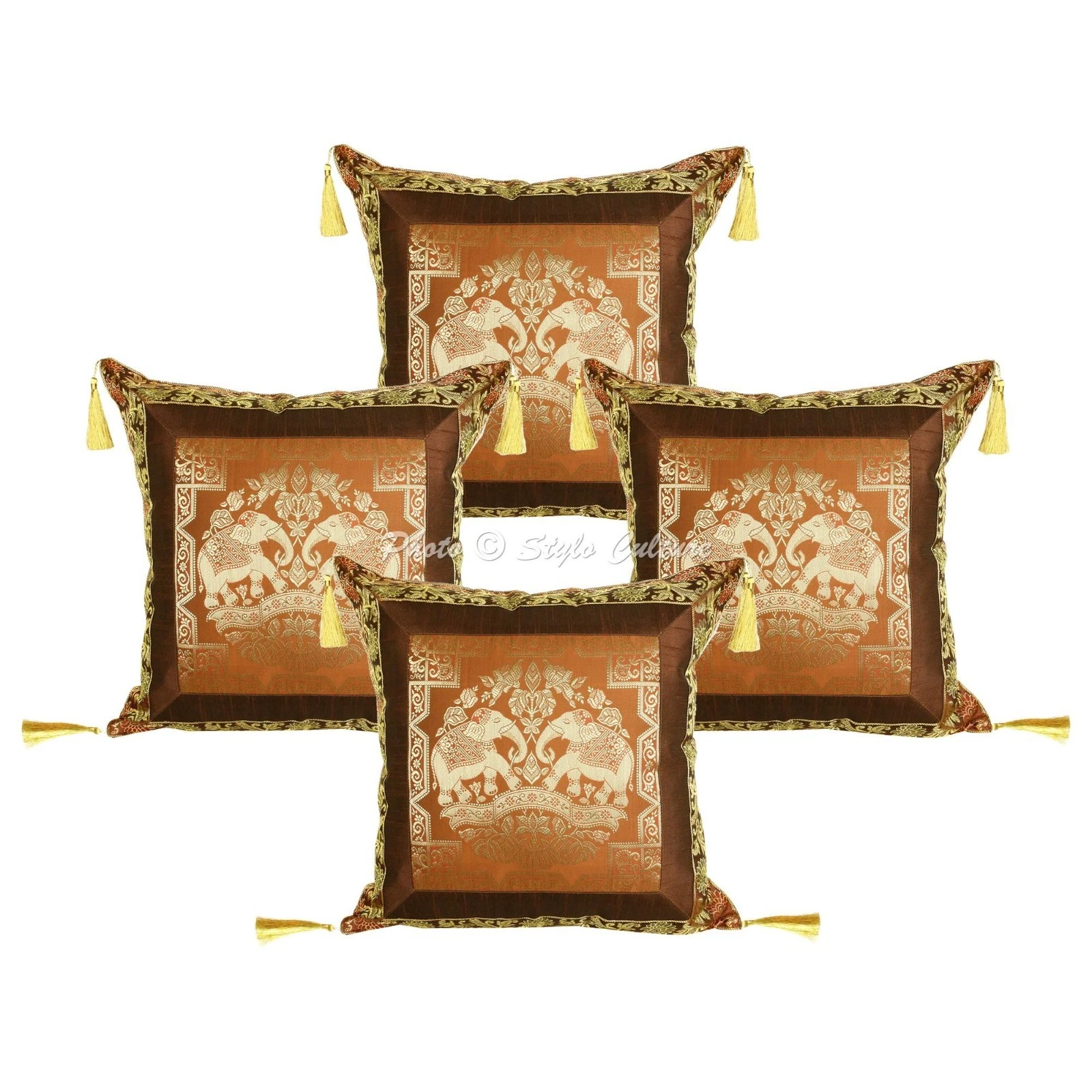 Decorative Brocade Throw Pillow Covers Jacquard Tassels Brown Elephant 45x45 cm